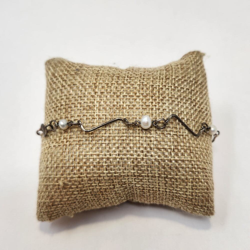 Sterling Silver 925 Wavy Bar Freshwater Pearl Link Bracelet Dainty Lightweight